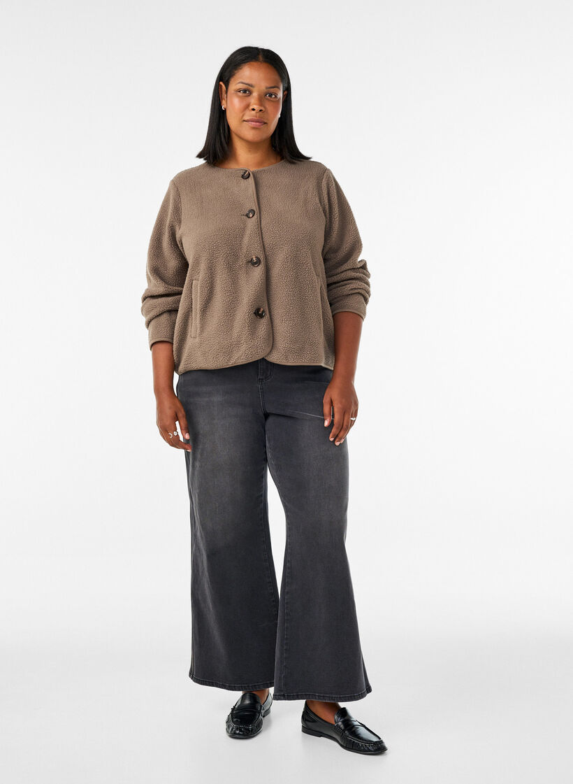 Teddyjacke mit Rundhalsausschnitt und Kn&ouml;pfen, Braun, Model image number 1