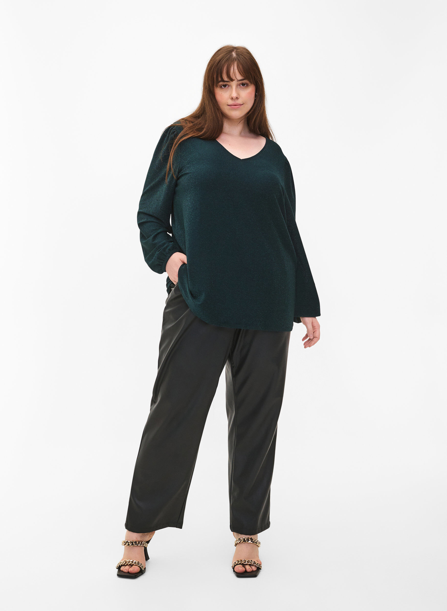 Zizzi Glitzerbluse mit Puff&auml;rmeln, Black Scarab, Model image number 2