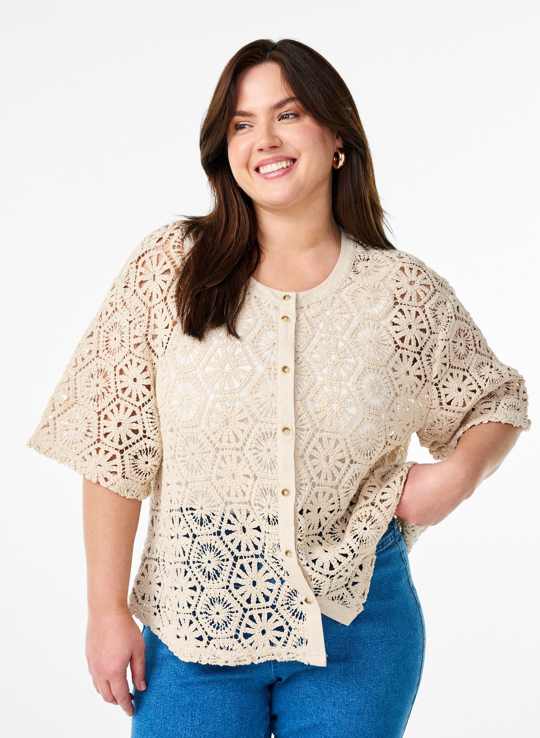 H&auml;kel Cardigan mit kurzen &Auml;rmeln, Beige, Model