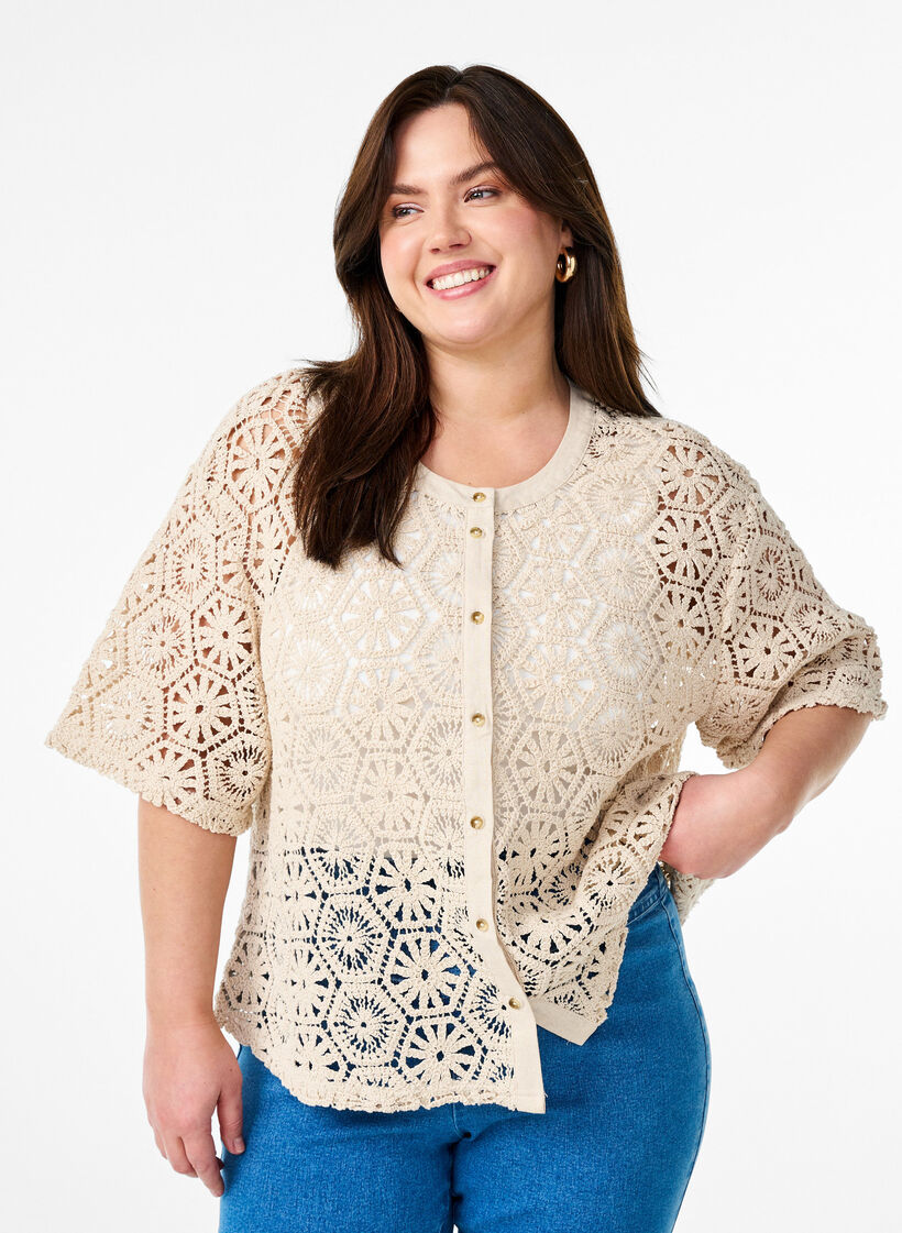 Häkel Cardigan mit kurzen Ärmeln, Beige, Model image number 0