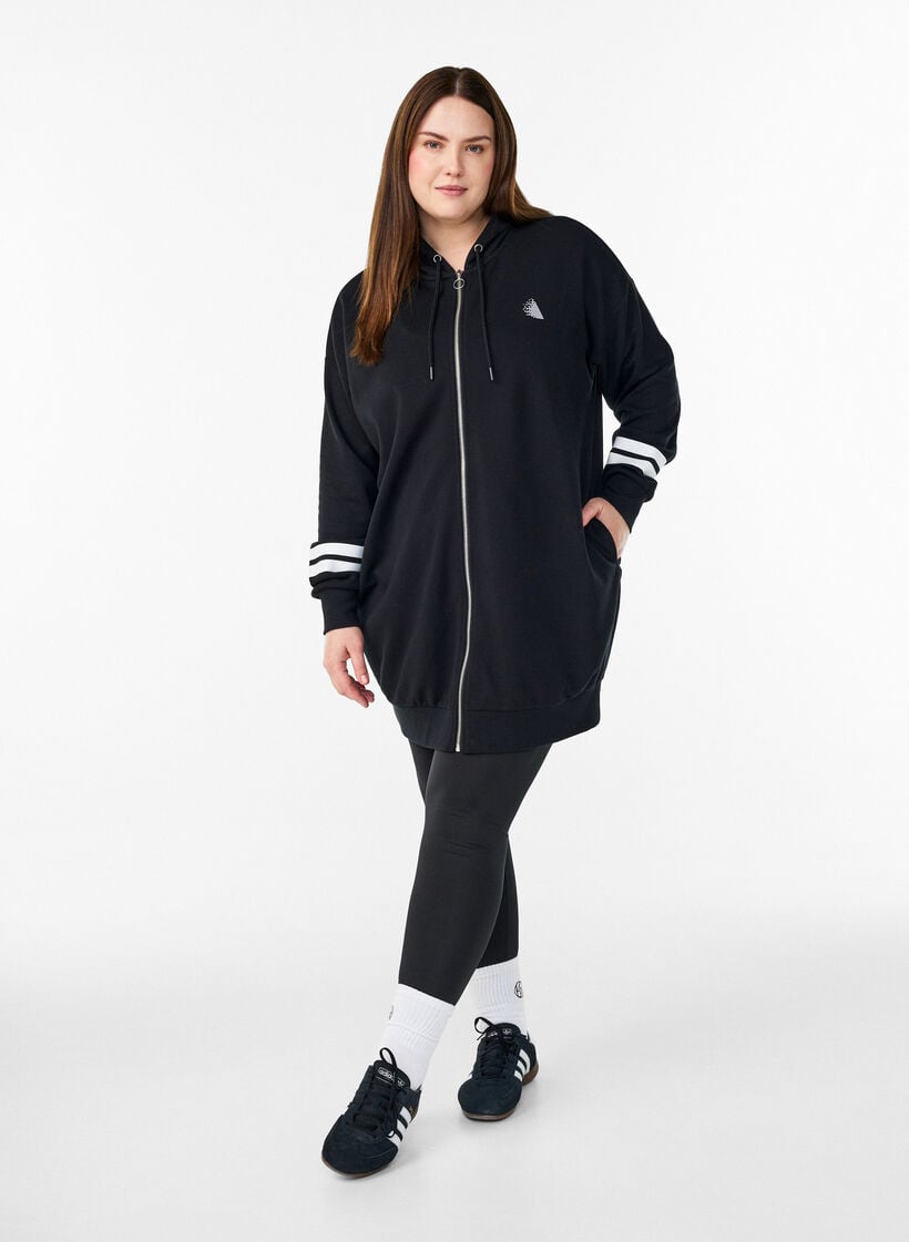 Lange Sweat-Strickjacke mit Printdetails, Schwarz, Model image number 1