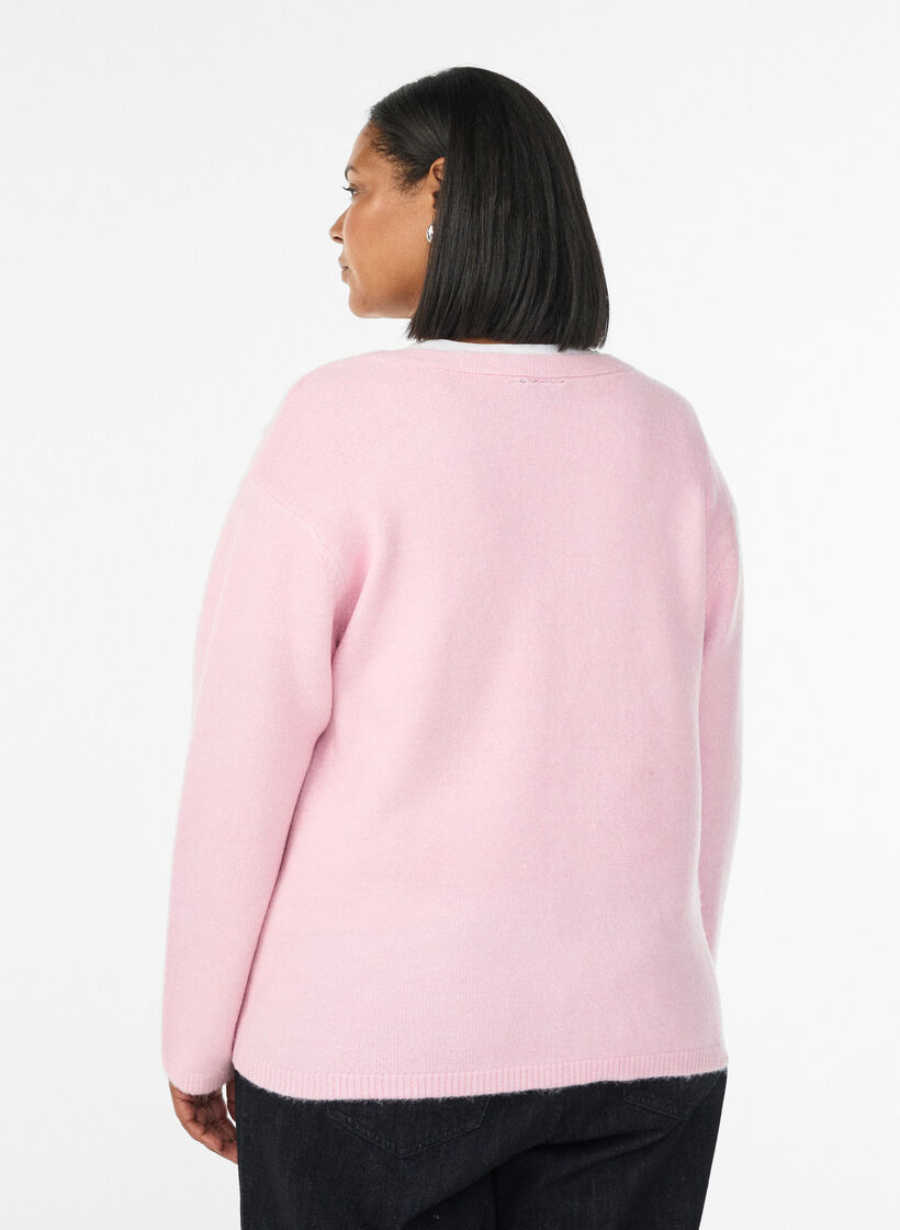 Strickjacke mit V-Ausschnitt und aufgestickten Blumen, Rot, Model image number 2