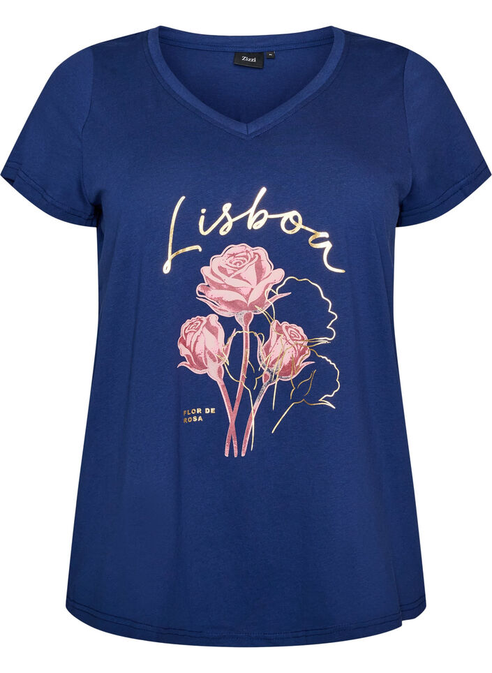 T-Shirt aus Baumwolle mit Frontprint und V-Ausschnitt, 1447, Packshot image number 0