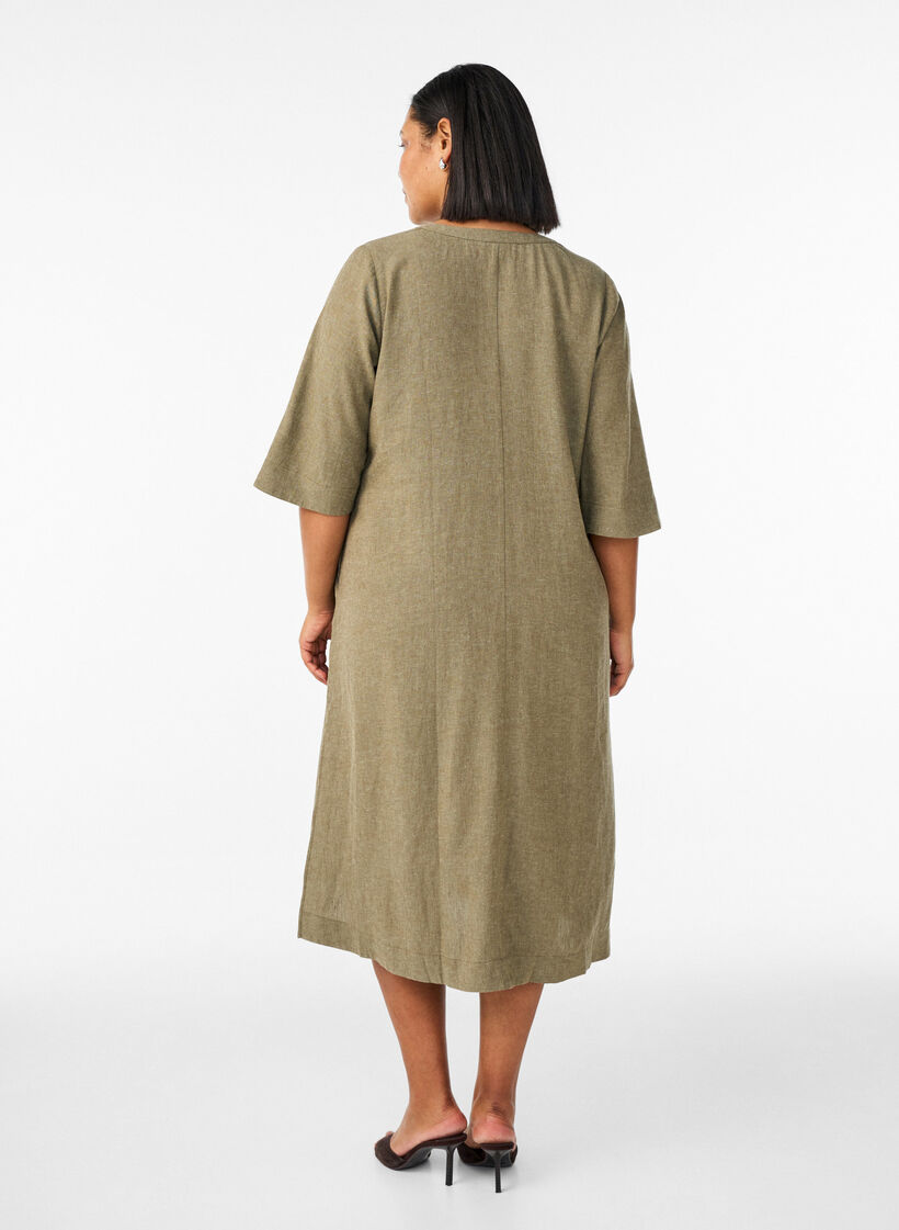 Midikleid aus Leinen und Viskose mit 1/2-&Auml;rmeln, Gr&uuml;n, Model image number 2