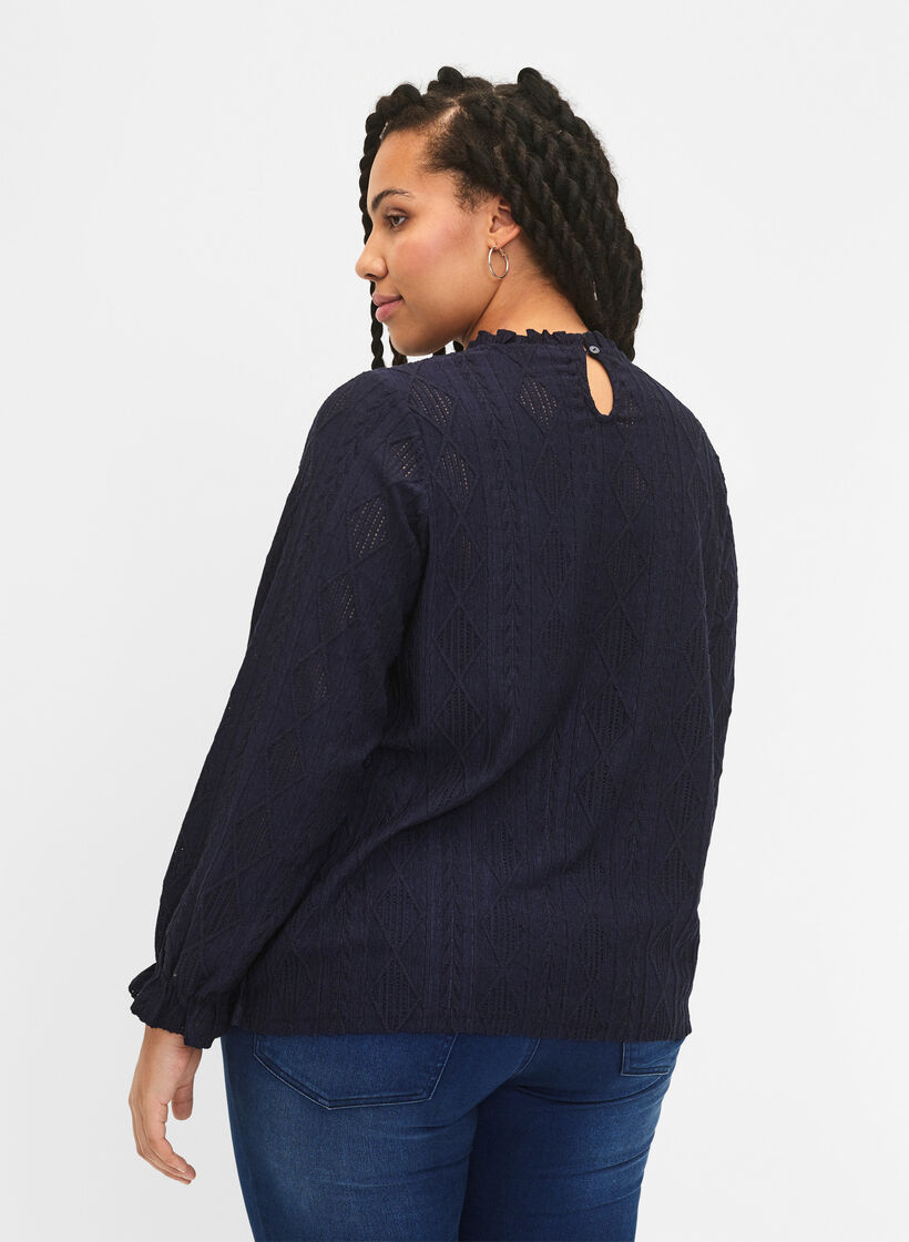 Bluse mit Rüschendetails und einem Ton in Ton gehaltenen Muster, Night Sky, Model image number 1