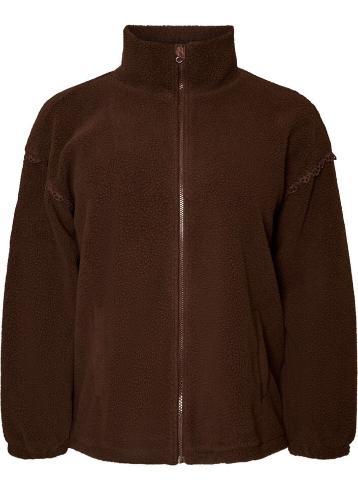 Teddyjacke mit Details aus Lochstickerei und hohem Kragen, Braun, Packshot image number 0