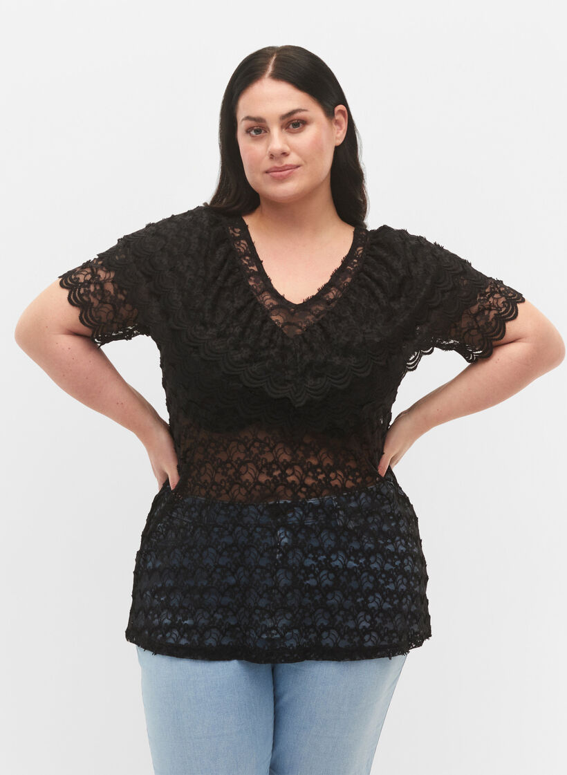 Kurzärmelige Bluse mit Rüschen, Schwarz, Model image number 0