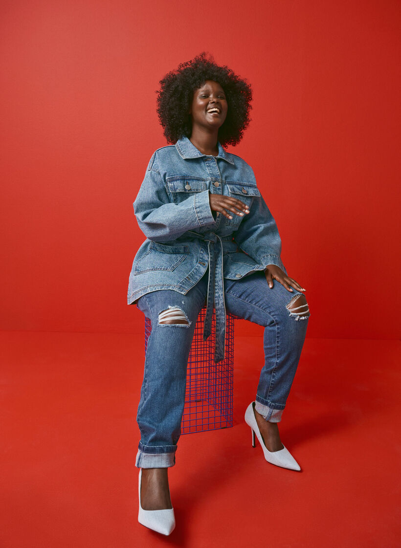 Super-Slim Amy Jeans mit Abnutzungsdetails, Blue Denim, Image image number 0