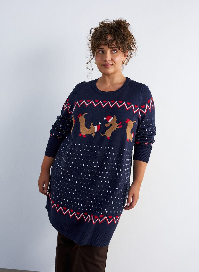 Kurzes Strickkleid mit Weihnachtsmotiv, Blau, Model image number 0