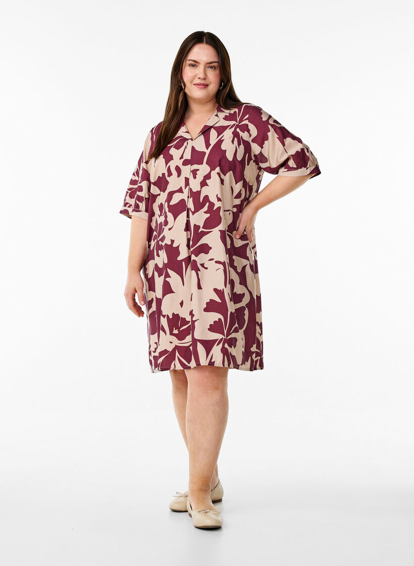 Kleid in Knielänge mit Print und V-Ausschnitt, Rot, Model image number 1