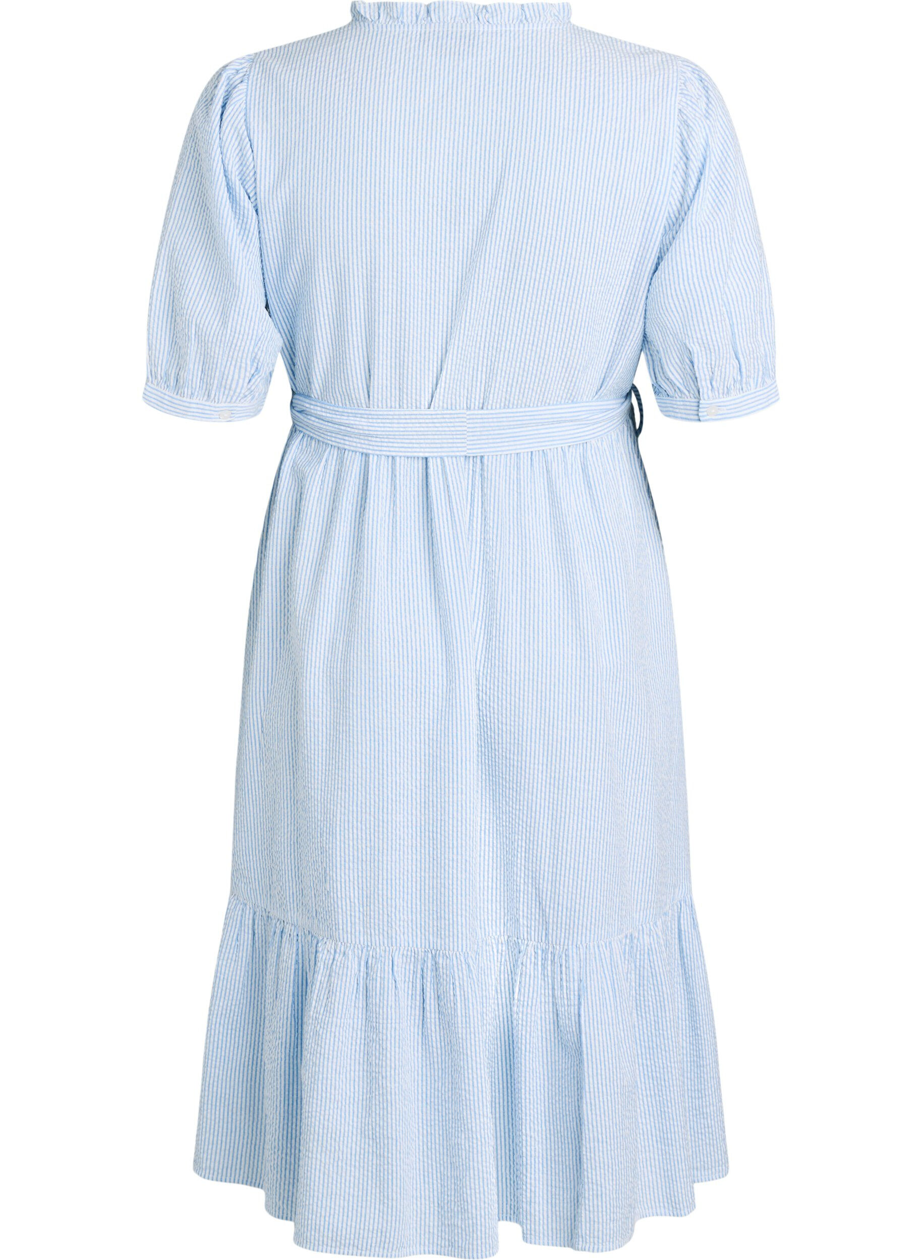 ZizziGestreiftes Midikleid aus Baumwolle mit einem Bindeg&uuml;rtel, Wei&szlig;, Packshot image number 1