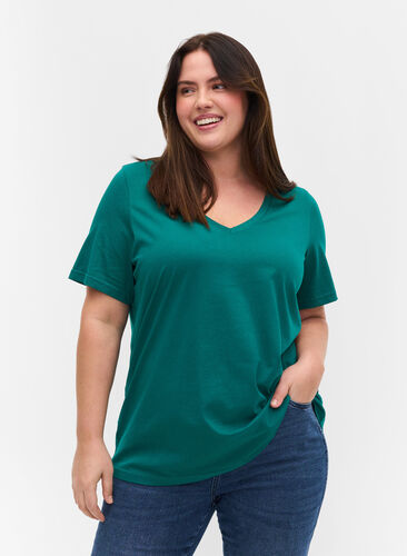 T-Shirt aus Bio-Baumwolle mit V-Ausschnitt, Teal Green, Model image number 0