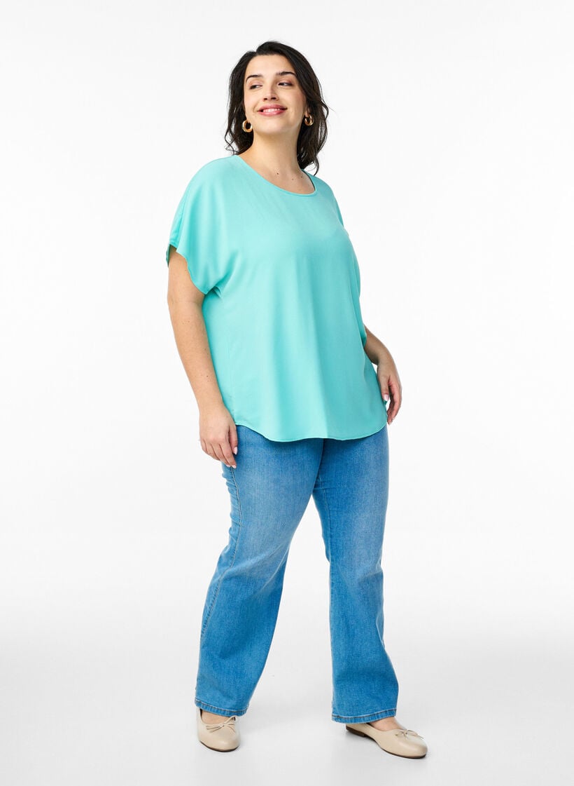 Bluse mit kurzen Ärmeln und einem Rundhalsausschnitt, Blau, Model image number 1