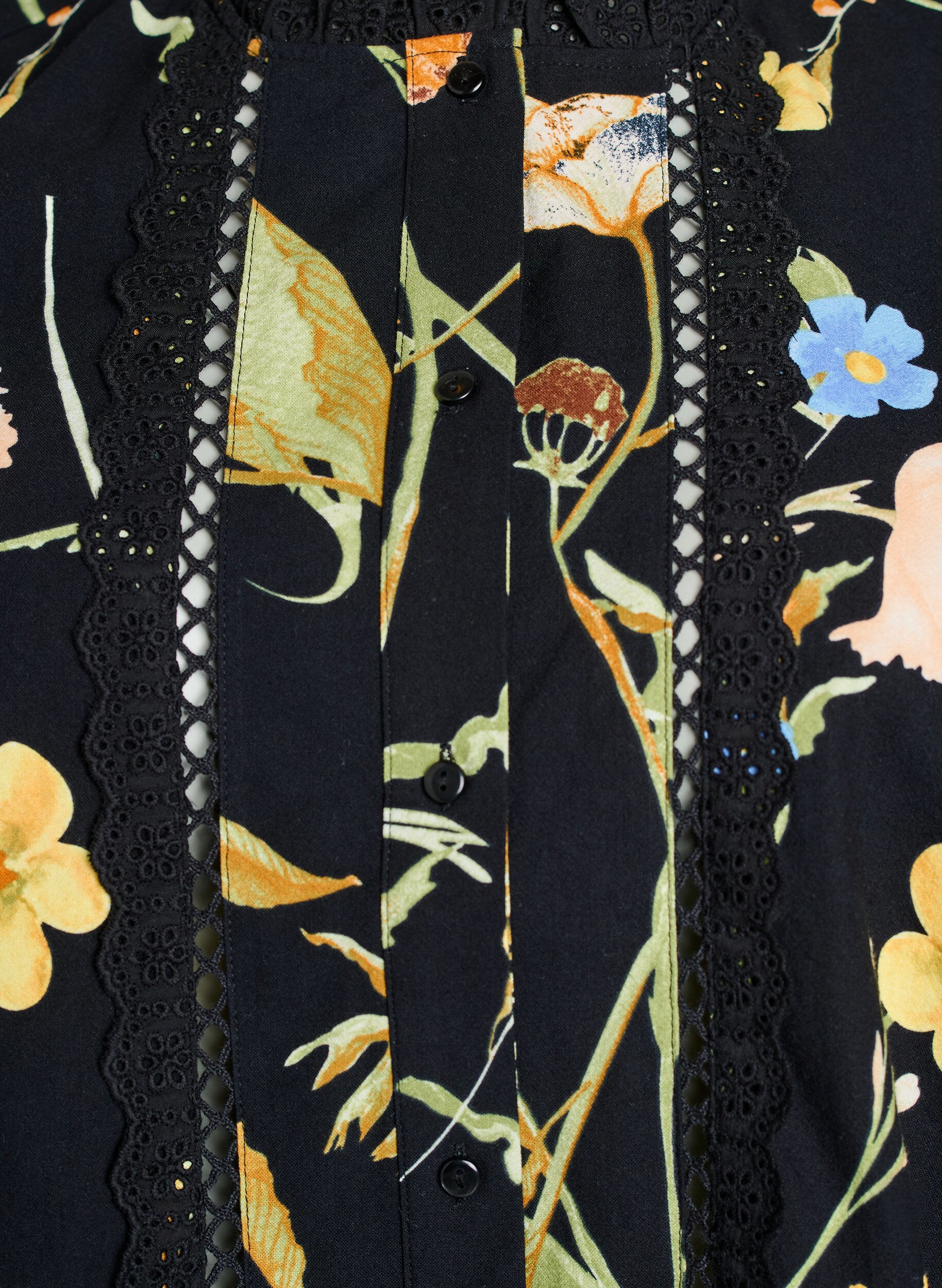 Zizzi&Auml;rmellose Bluse aus Baumwolle mit Blumenprint und Broderie Anglaise, Schwarz, Packshot image number 2