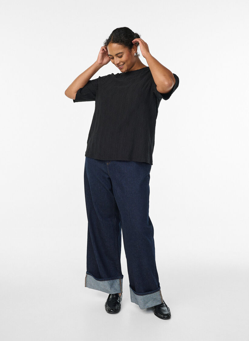 Bluse mit Strukturmuster und kurzen &Auml;rmeln, Schwarz, Model image number 1