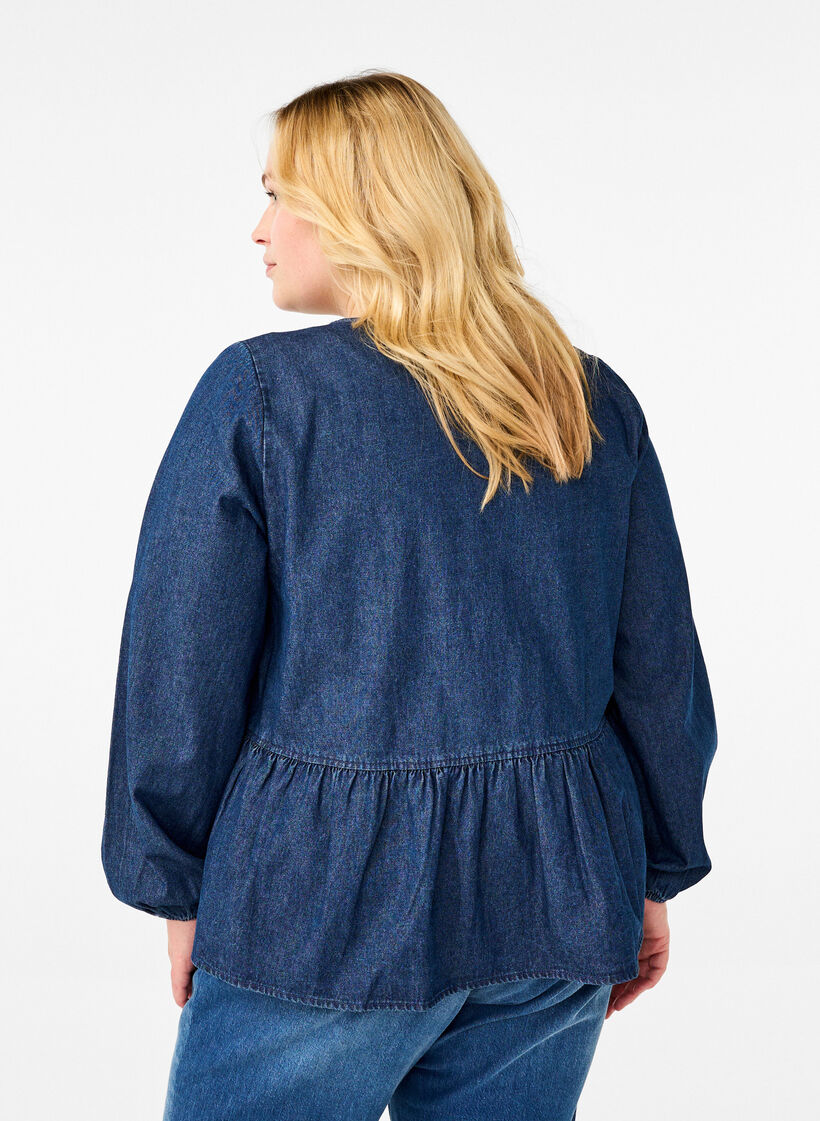 Peplum-Bluse aus Denim mit Bindeverschluss, Blau, Model image number 2