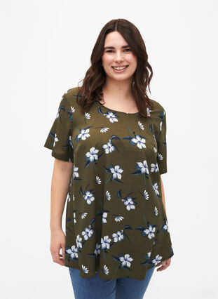 FLASH – Kurzärmelige Bluse mit Print, Olive Night Flower, Model image number 0