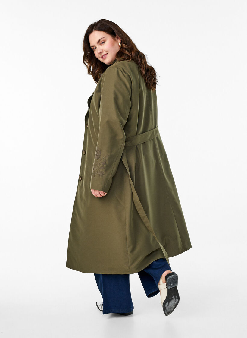 Langer Trenchcoat mit Stickerei, Grün, Model image number 2