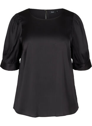Shiny Bluse mit kurzen Puffärmeln, Black, Packshot image number 0