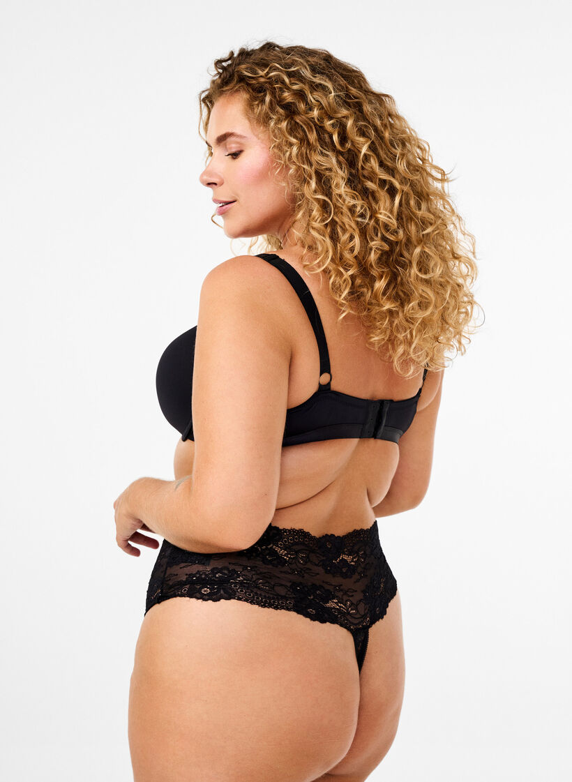 Stringtanga aus Mikrofaser mit Spitzensaum, Schwarz, Model image number 1