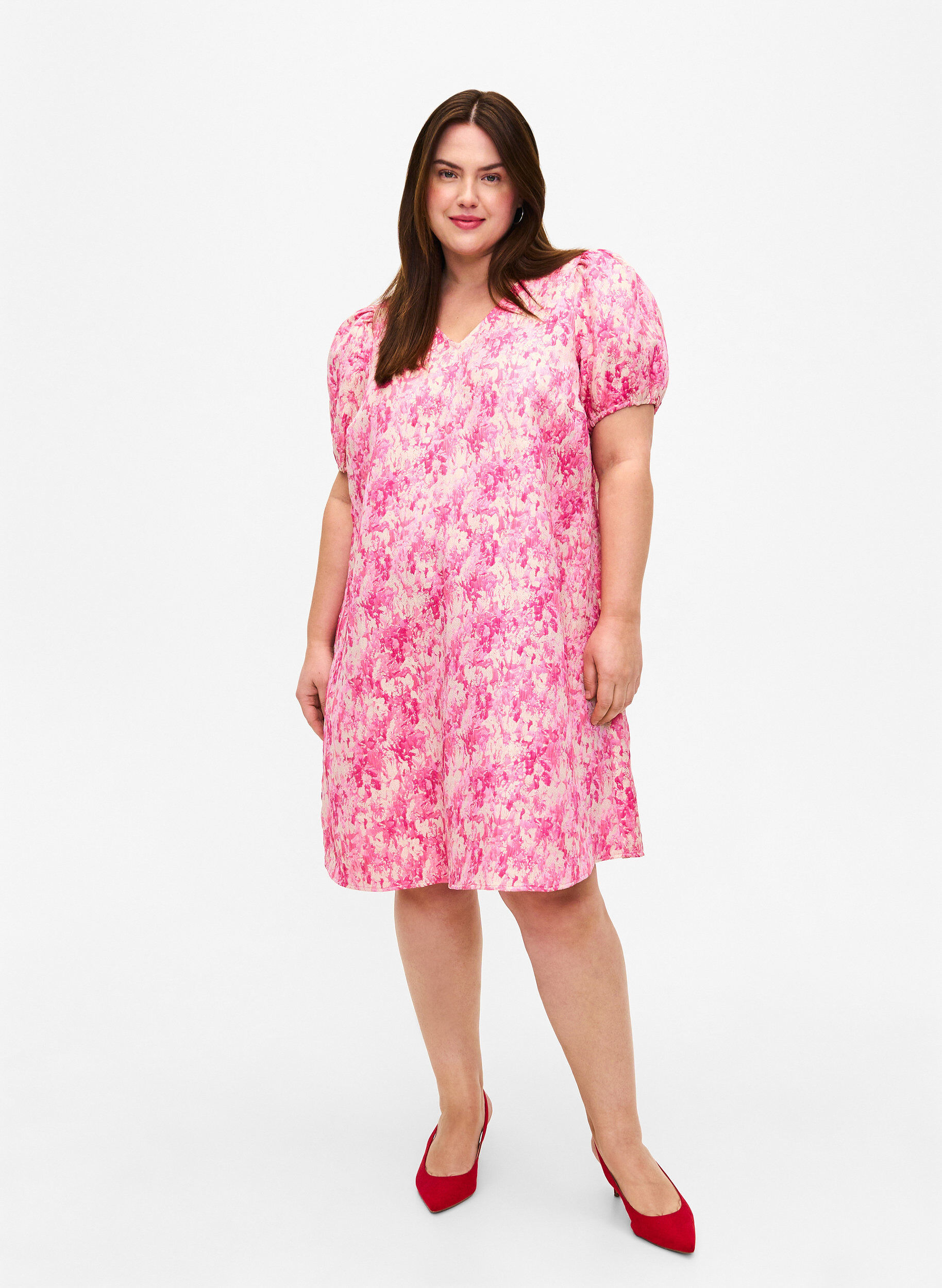 ZizziKleid mit kurzen Puff&auml;rmeln, Chateau Rose AOP, Model image number 2