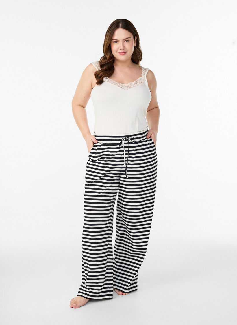 Gestreifte Schlafanzughose mit hoher Taille und weiten Beinen, Schwarz, Model image number 0