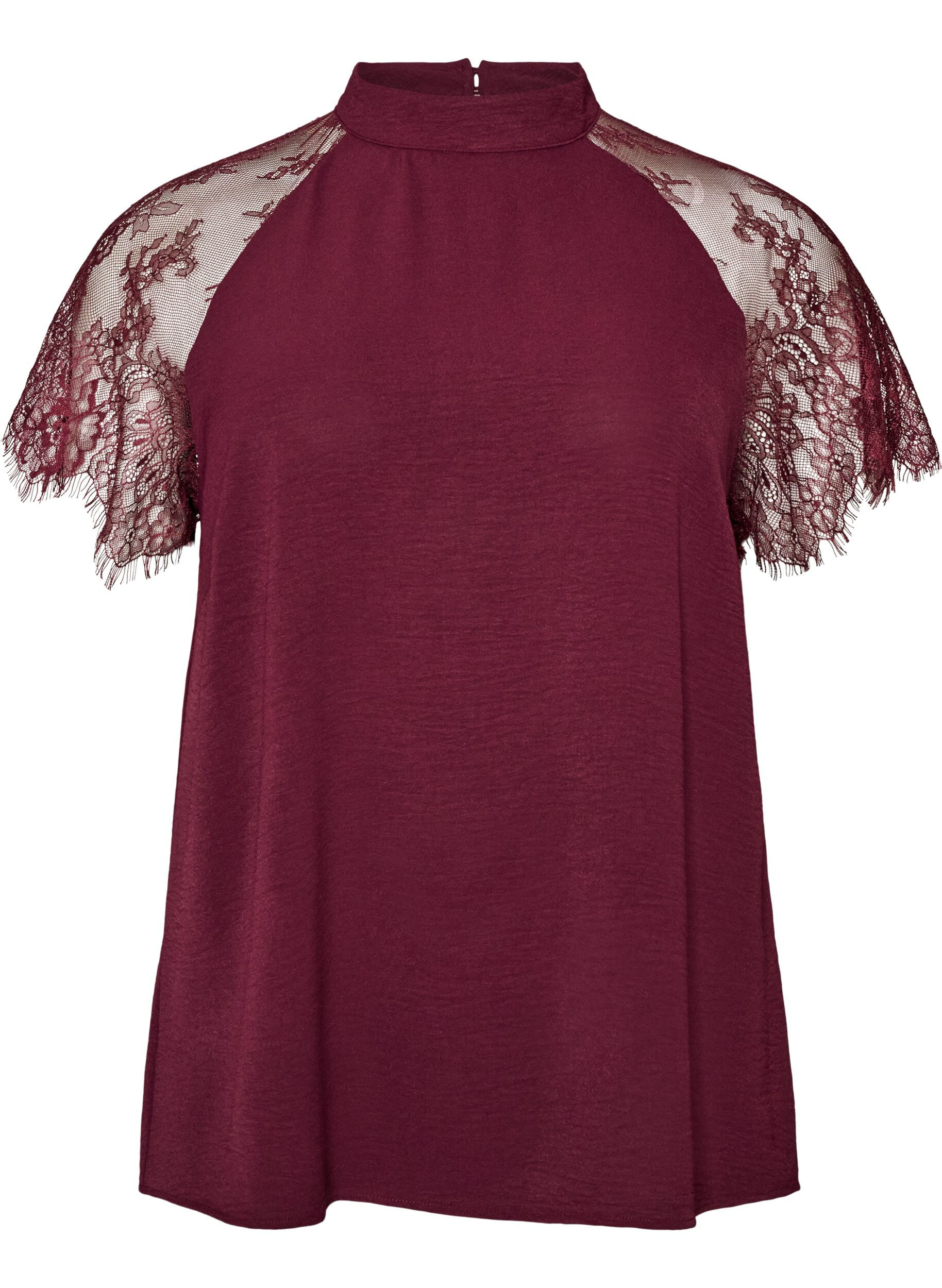 ZizziBluse mit kurzen &Auml;rmeln aus Spitze und hohem Kragen, Rot, Packshot image number 0