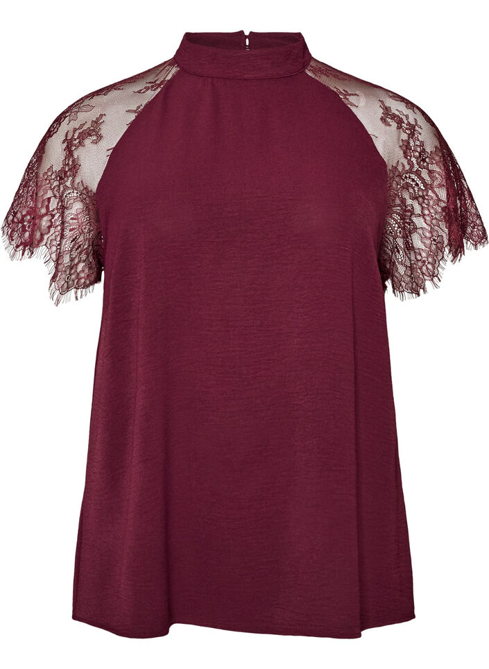 Bluse mit kurzen &Auml;rmeln aus Spitze und hohem Kragen, Rot, Packshot image number 0