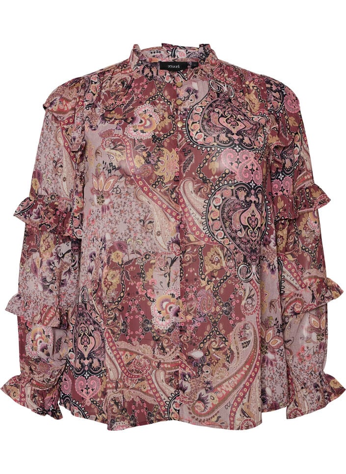 Bluse mit Paisleymuster und R&uuml;schendetails, lila, Packshot image number 0