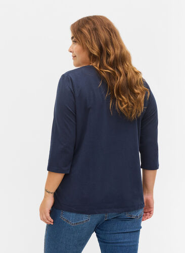 Basic T-Shirt aus Baumwolle mit 3/4-Ärmeln, Navy Blazer, Model image number 1