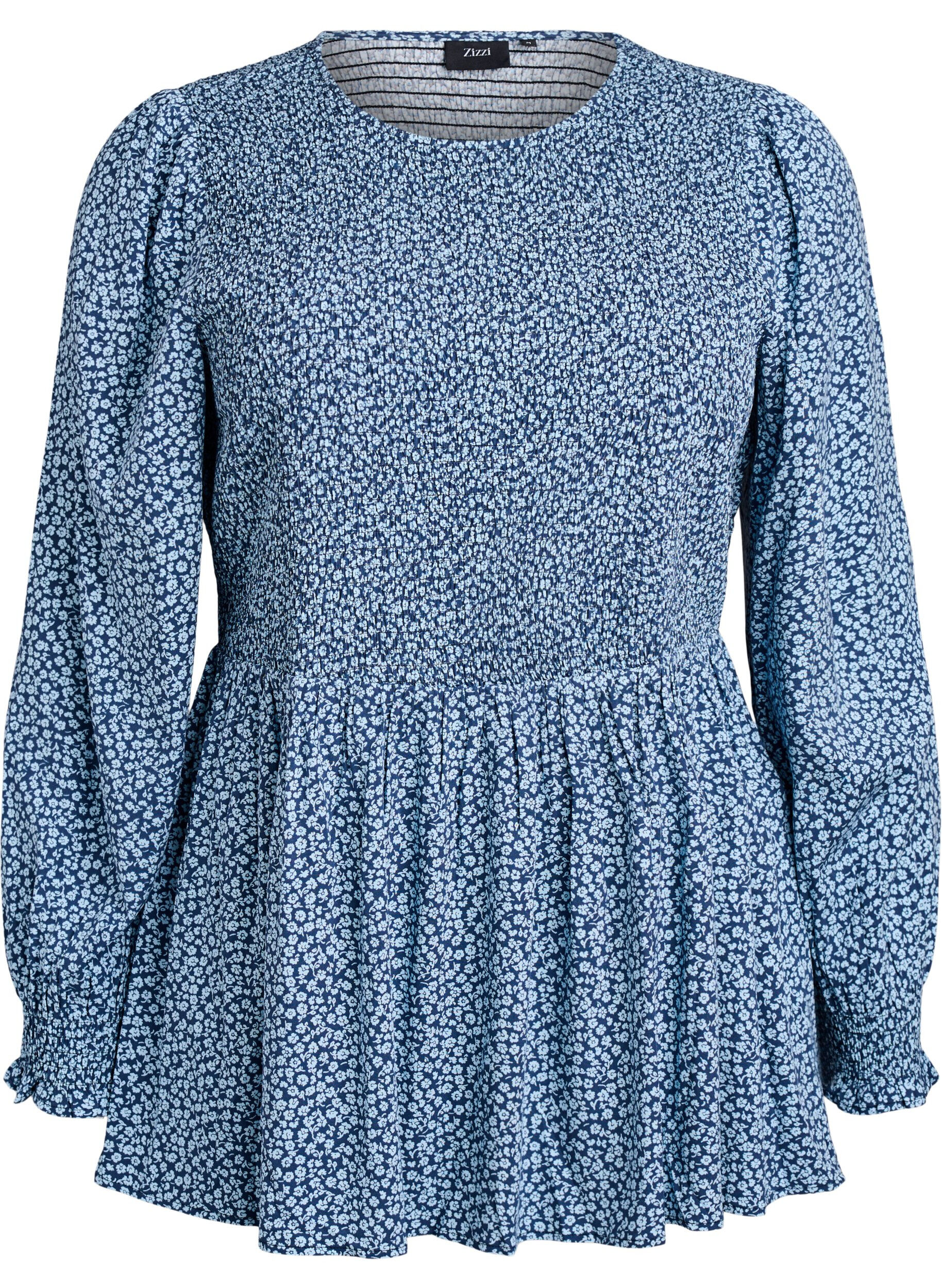 ZizziBluse mit gesmoktem Oberteil und gebl&uuml;mtem Print, Blau, Packshot image number 0