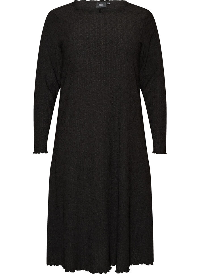 Midi-Kleid mit welliger Struktur und langen &Auml;rmeln, Schwarz, Packshot image number 0