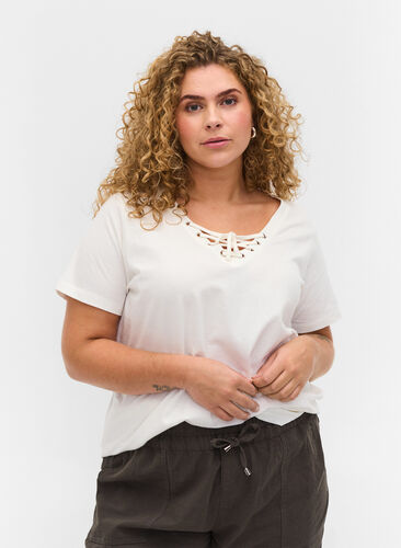 T-Shirt aus Bio-Baumwolle mit Schnüren Details, Warm Off-white, Model image number 0