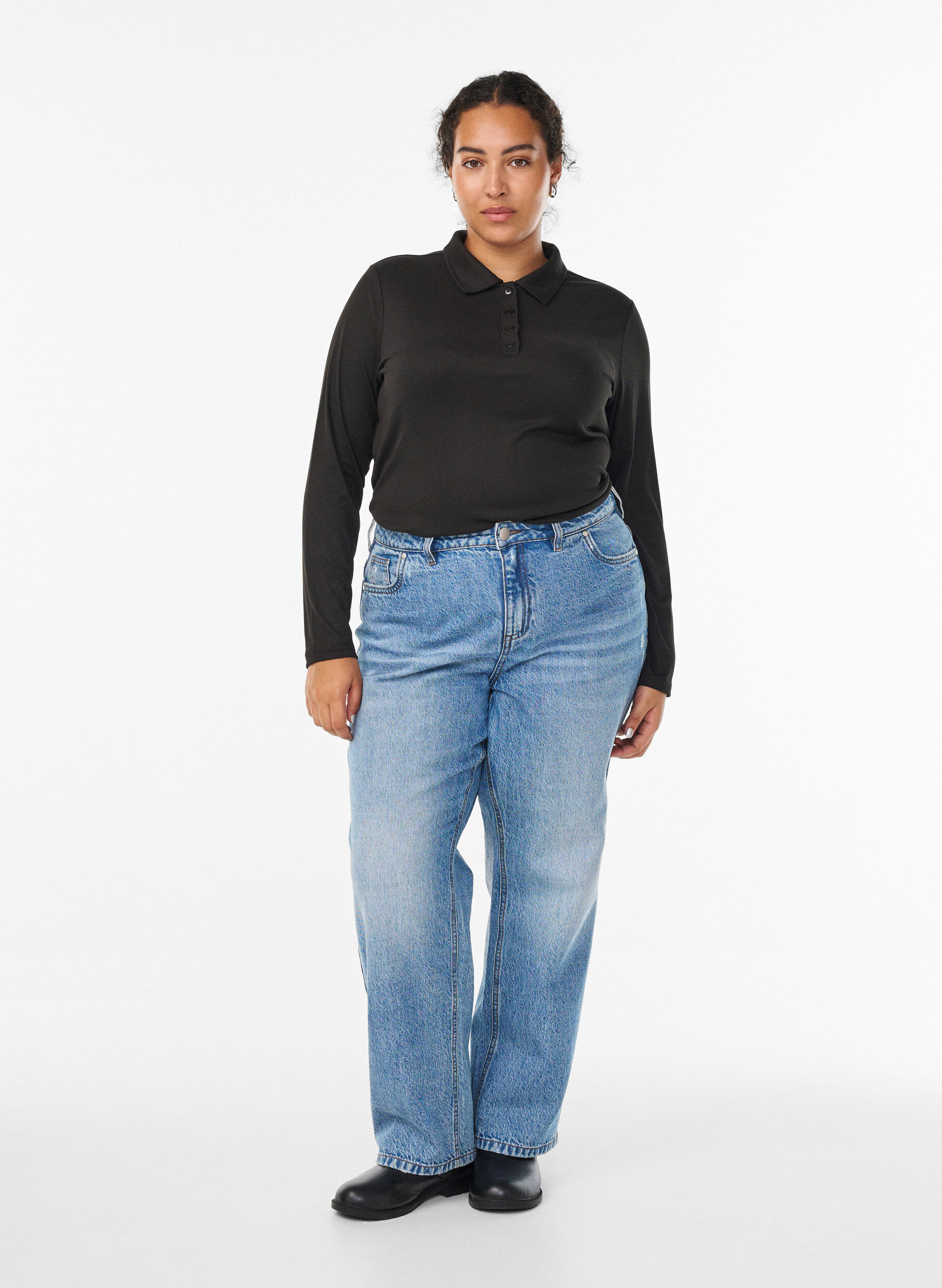 ZizziPoloshirt aus weichem Ripp mit langen &Auml;rmeln, Schwarz, Model image number 1