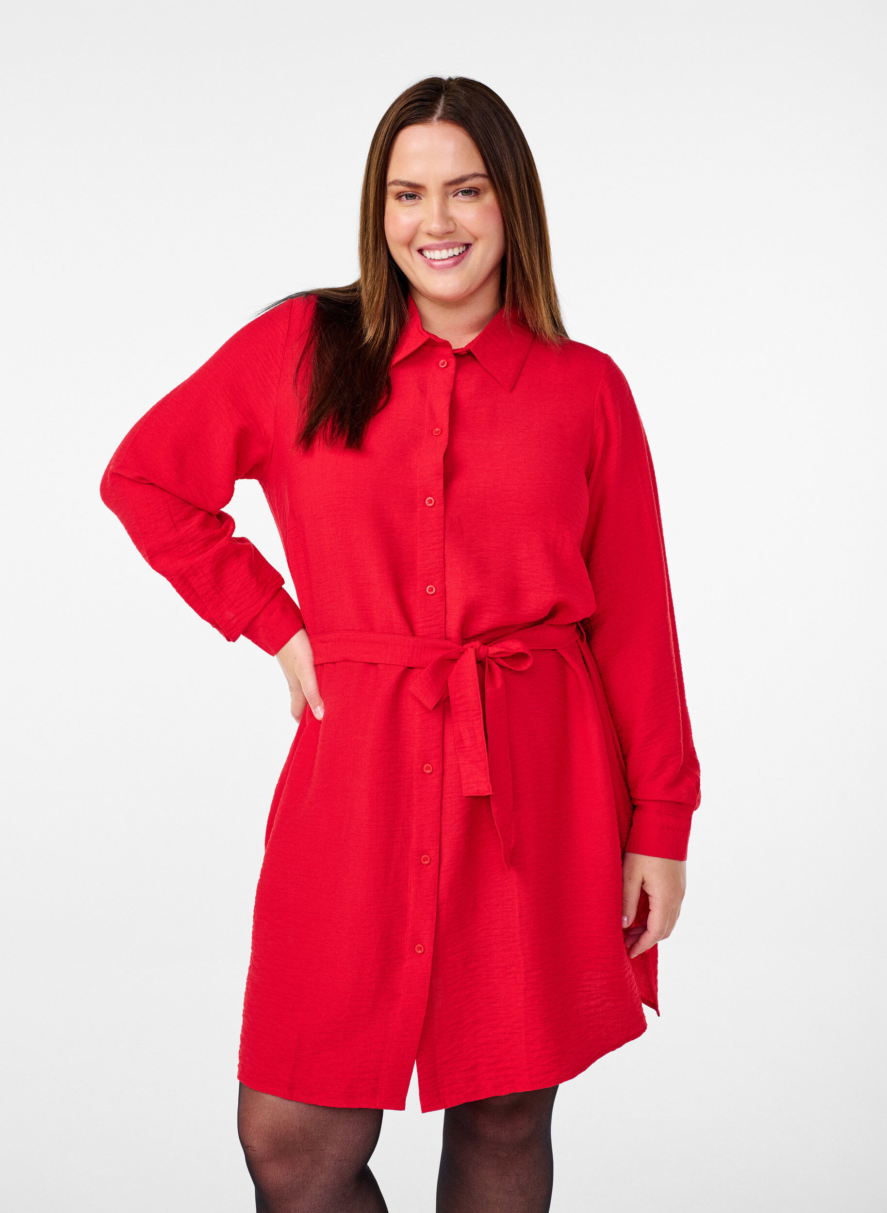 ZizziHemdblusenkleid mit Bindeg&uuml;rtel und langen &Auml;rmeln, Rot, Model image number 0