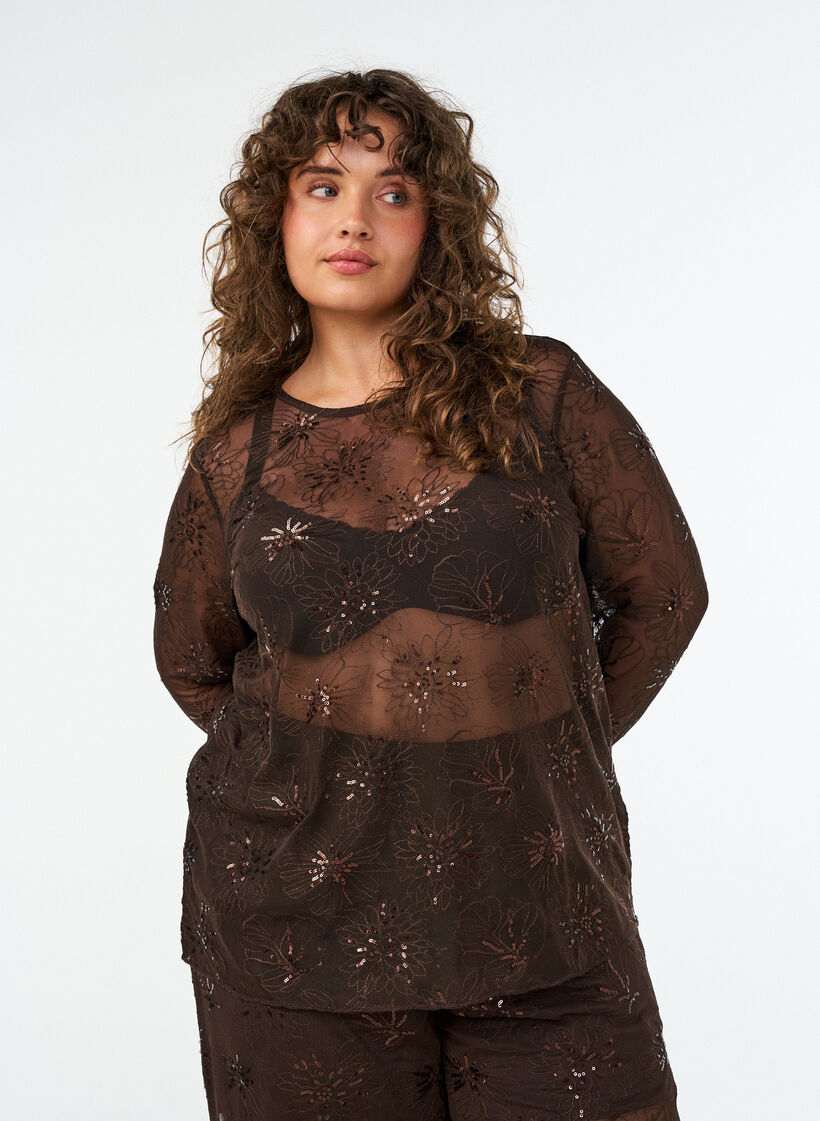 Bluse aus Mesh mit Blumen und Pailletten, Braun, Model image number 0