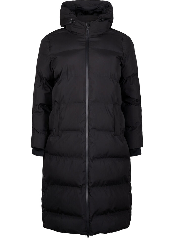 Langer Winter-Steppmantel mit Kapuze, Schwarz, Packshot image number 0