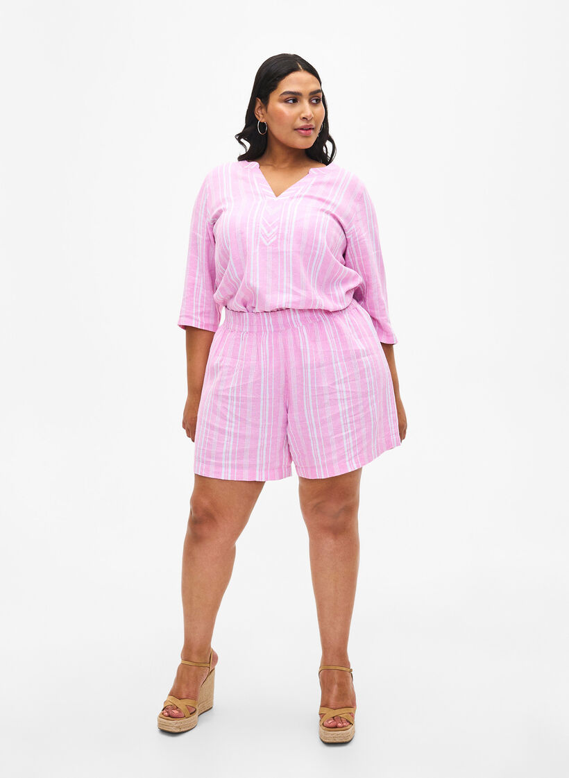 Gestreifte Bluse aus einer Leinen-Viskose-Mischung, Pink, Model image number 1