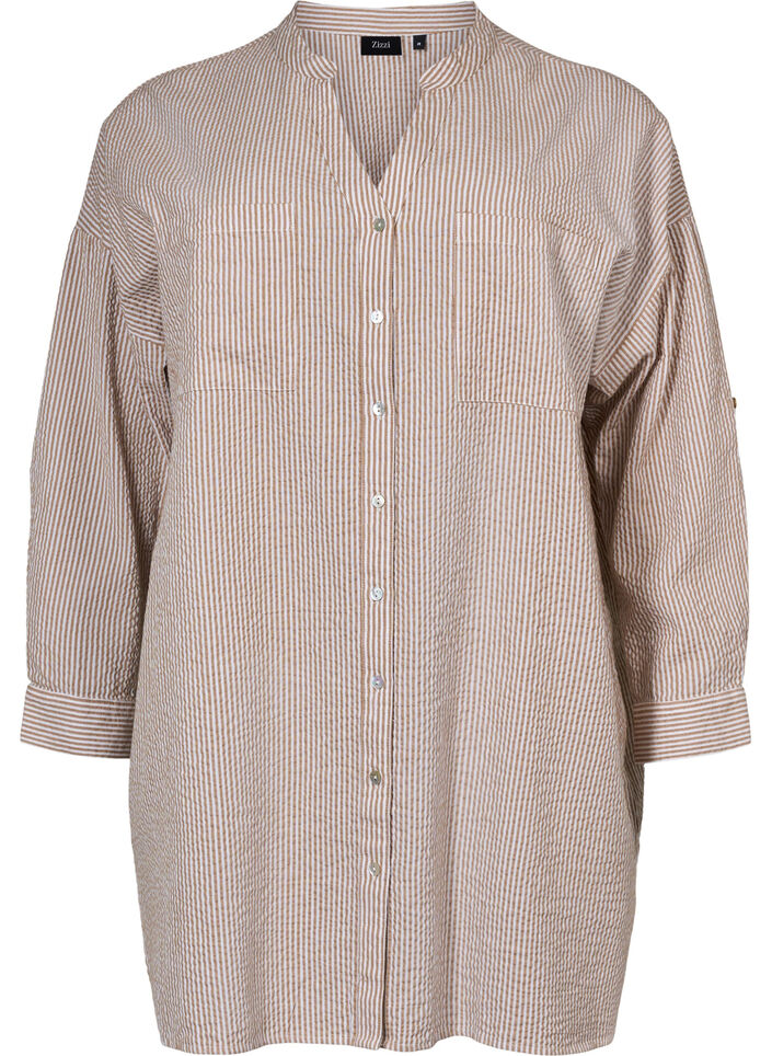 Gestreiftes Baumwollhemd mit 3/4 Ärmeln, Natural Stripe, Packshot image number 0