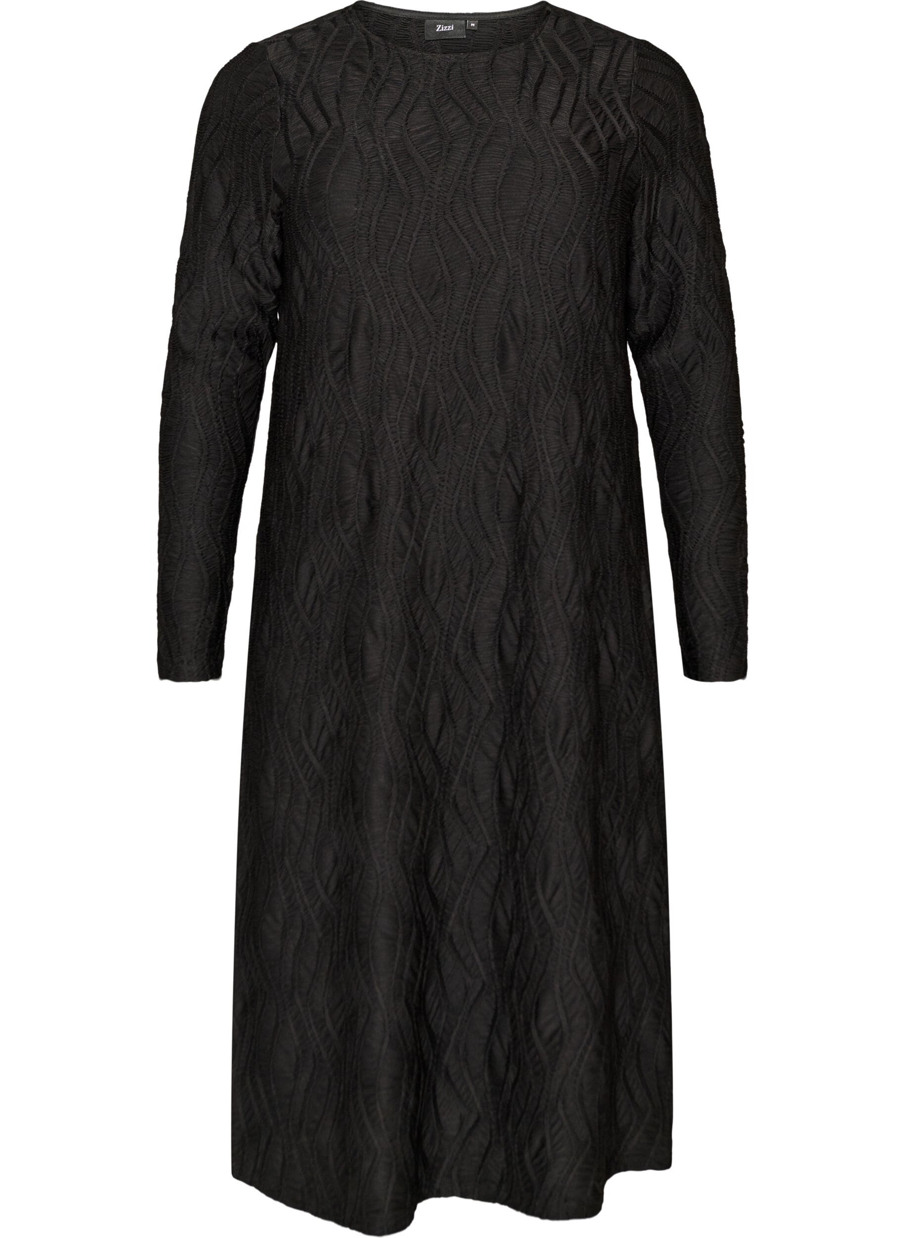 ZizziMidikleid mit gewellter Struktur und langen &Auml;rmeln, Schwarz, Packshot image number 0