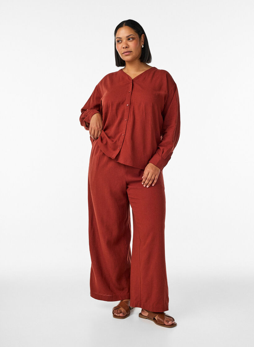 Bluse aus Leinen und Viskose mit V-Ausschnitt, Rot, Model image number 1