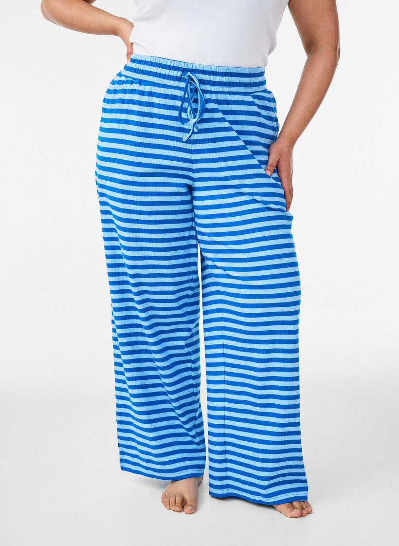 Gestreifte Schlafanzughose mit hoher Taille und weiten Beinen, Blau, Model image number 2