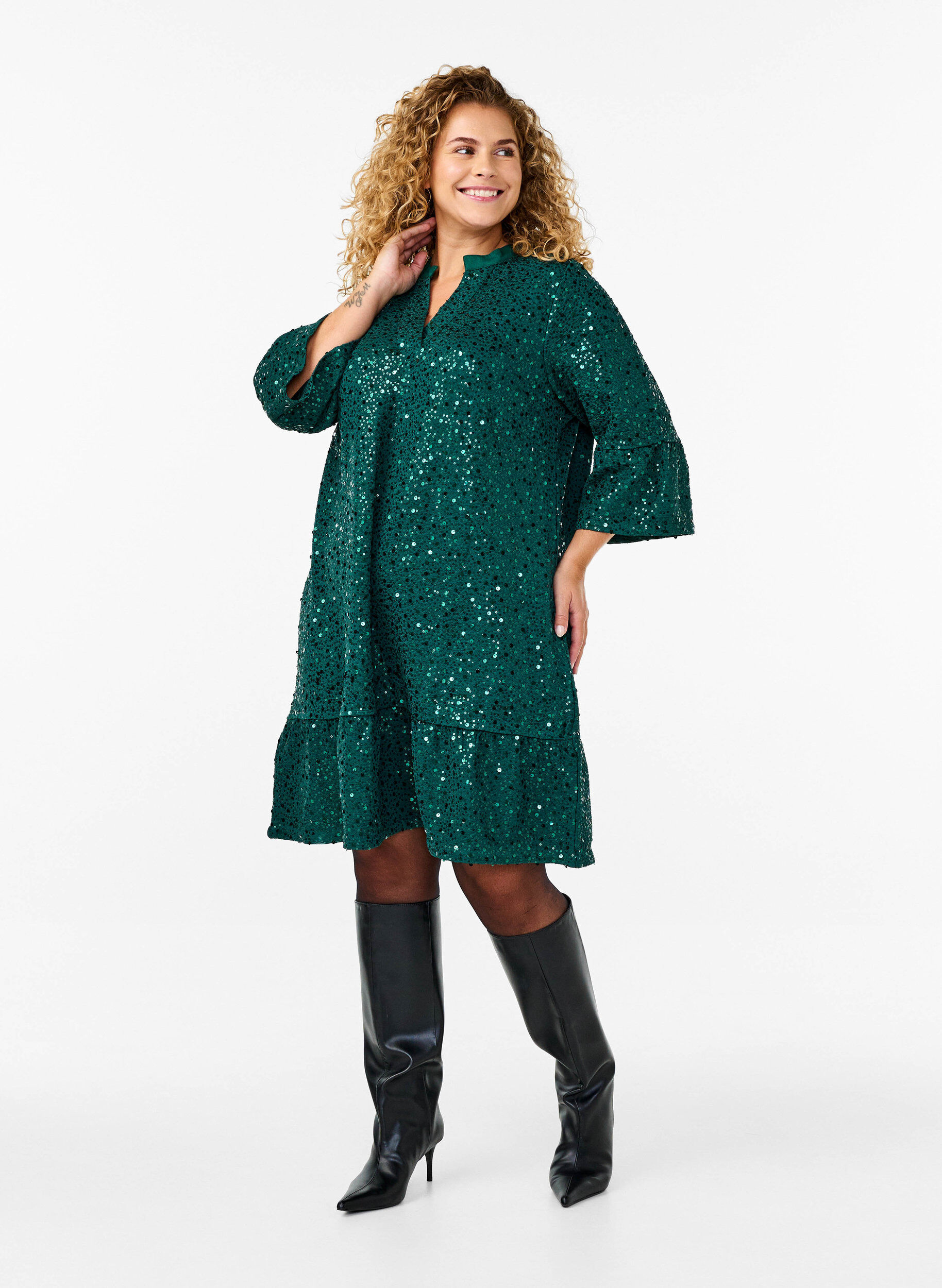 ZizziPaillettenkleid mit V-Ausschnitt und 3/4-&Auml;rmeln, Rain Forest, Model image number 2
