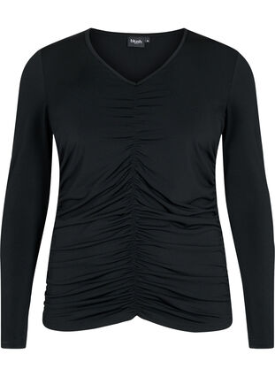 Bluse mit V-Ausschnitt und Drapierung, Black, Packshot image number 0