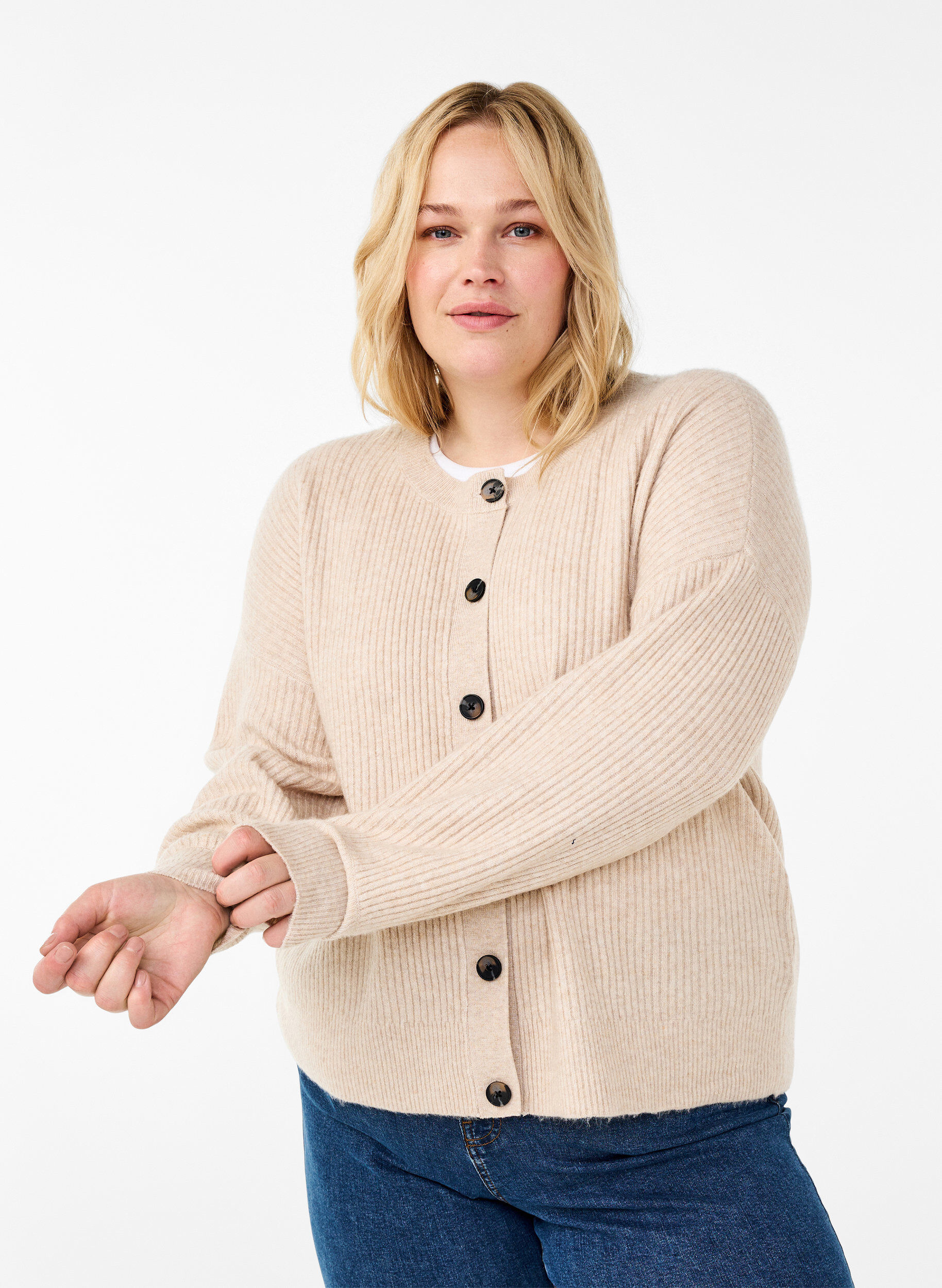 ZizziRippenstrick Strickjacke mit Kn&ouml;pfen, Beige, Model image number 0