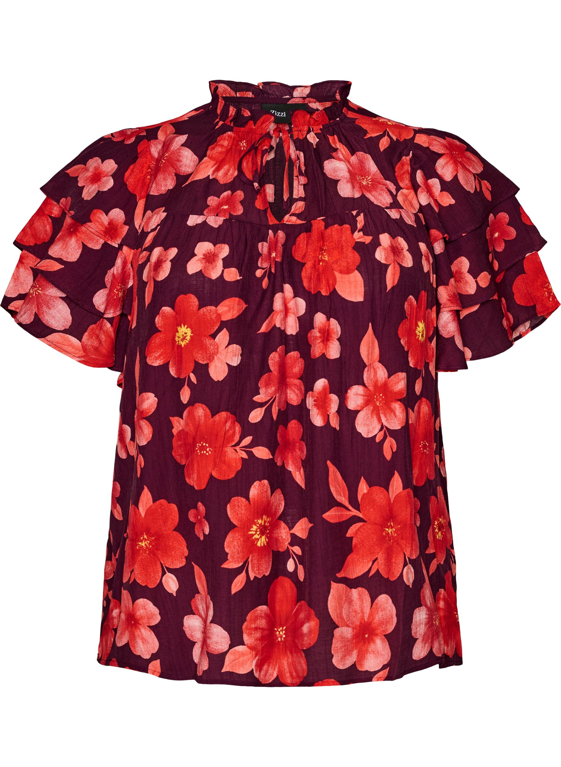 ZizziGebl&uuml;mte Bluse aus Viskose mit R&uuml;schen&auml;rmeln, Lila, Packshot image number 0