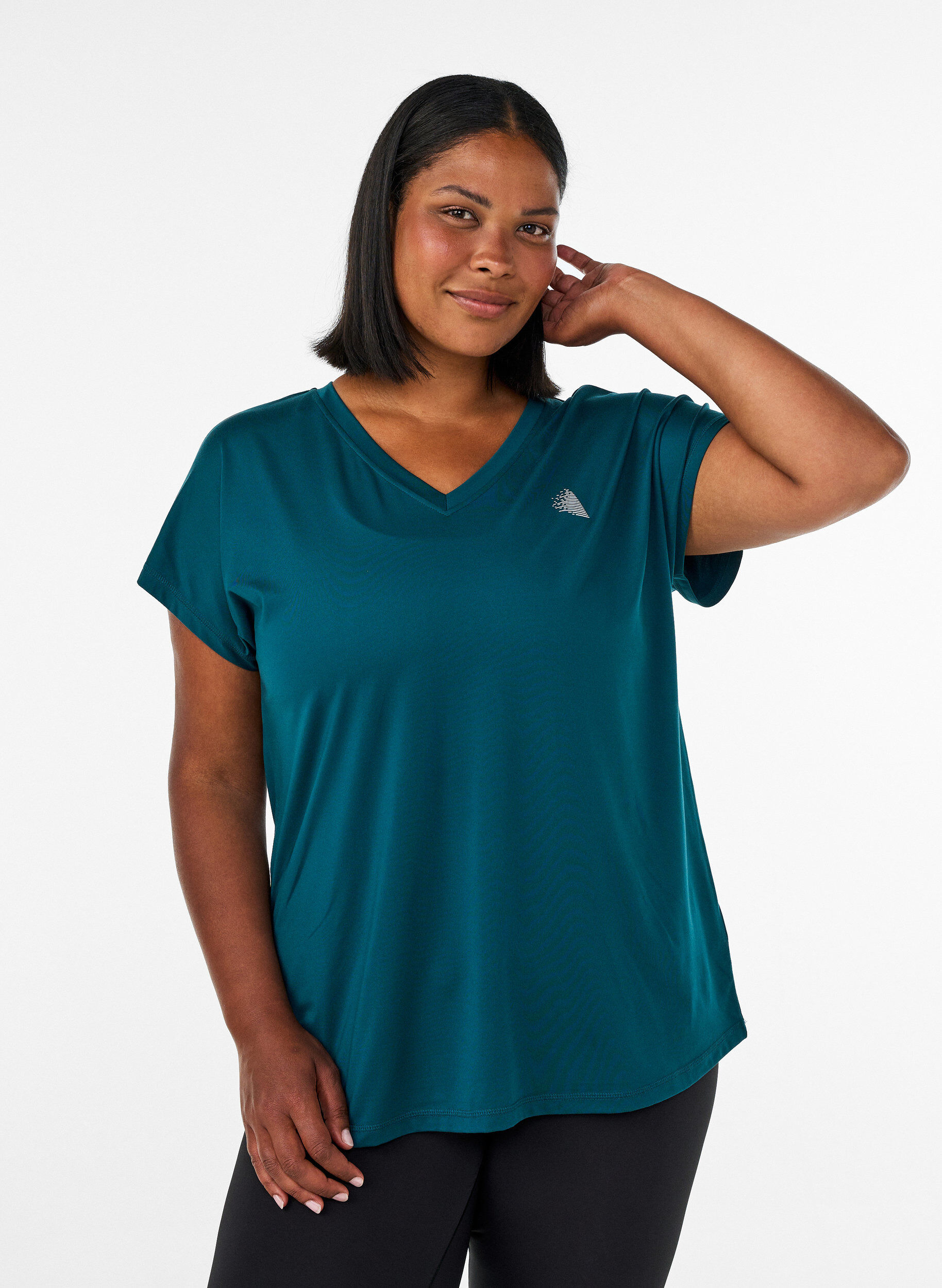 Lockeres Trainings-T-Shirt mit V-Ausschnitt, Gr&uuml;n, Model