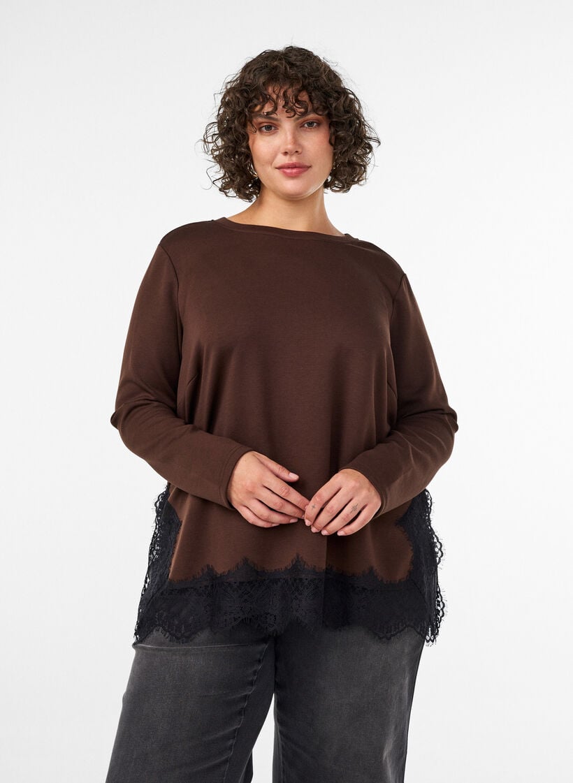 Bluse aus Jersey mit Spitzen, Braun, Model image number 0