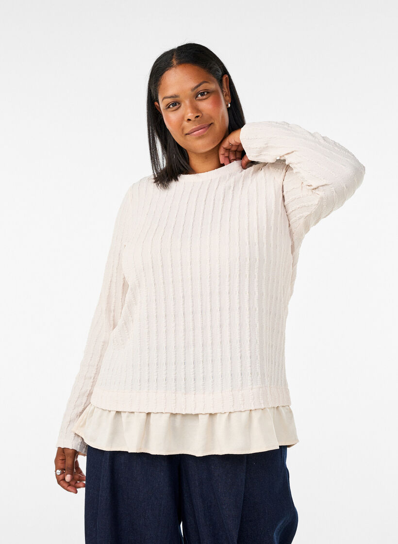 Strukturierte Bluse mit R&uuml;schensaum, Vanille, Model image number 0
