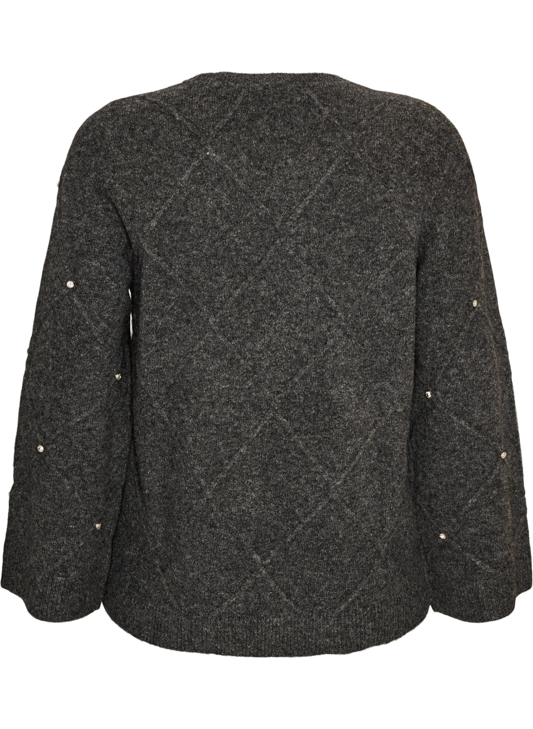 ZizziBluse aus Strick mit Strasssteinen und Rautenmuster, Grau, Packshot image number 1